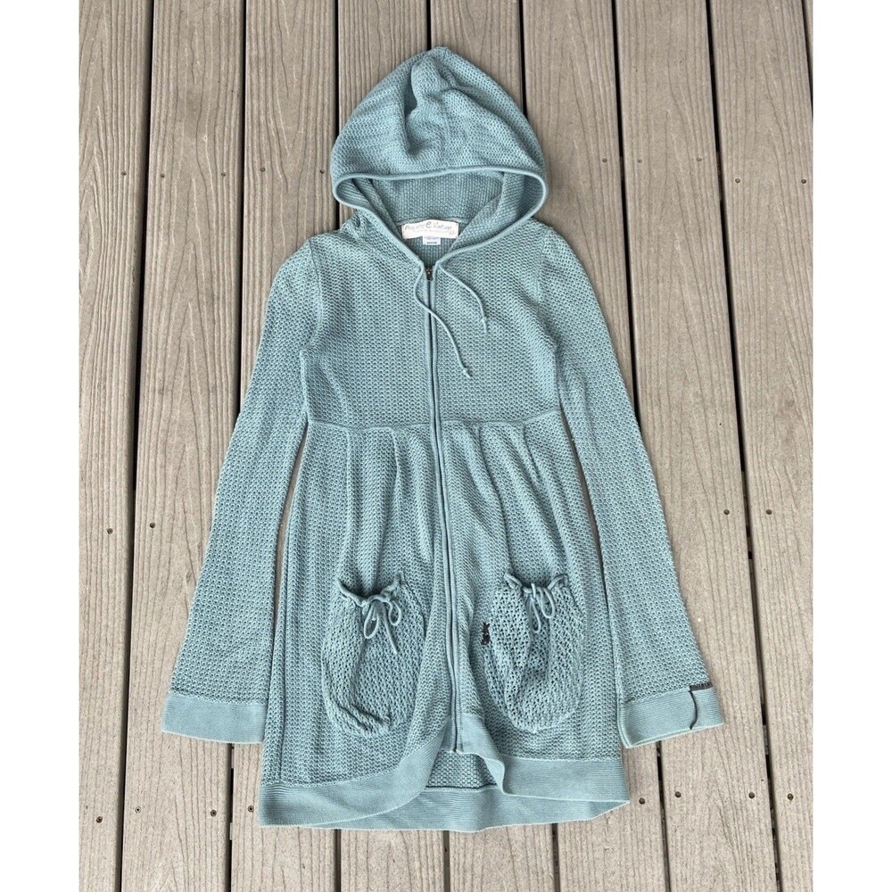 Project E Vintage Women’s Medium Aqua Crochet Knit Hooded Cardigan Tunic Cotton